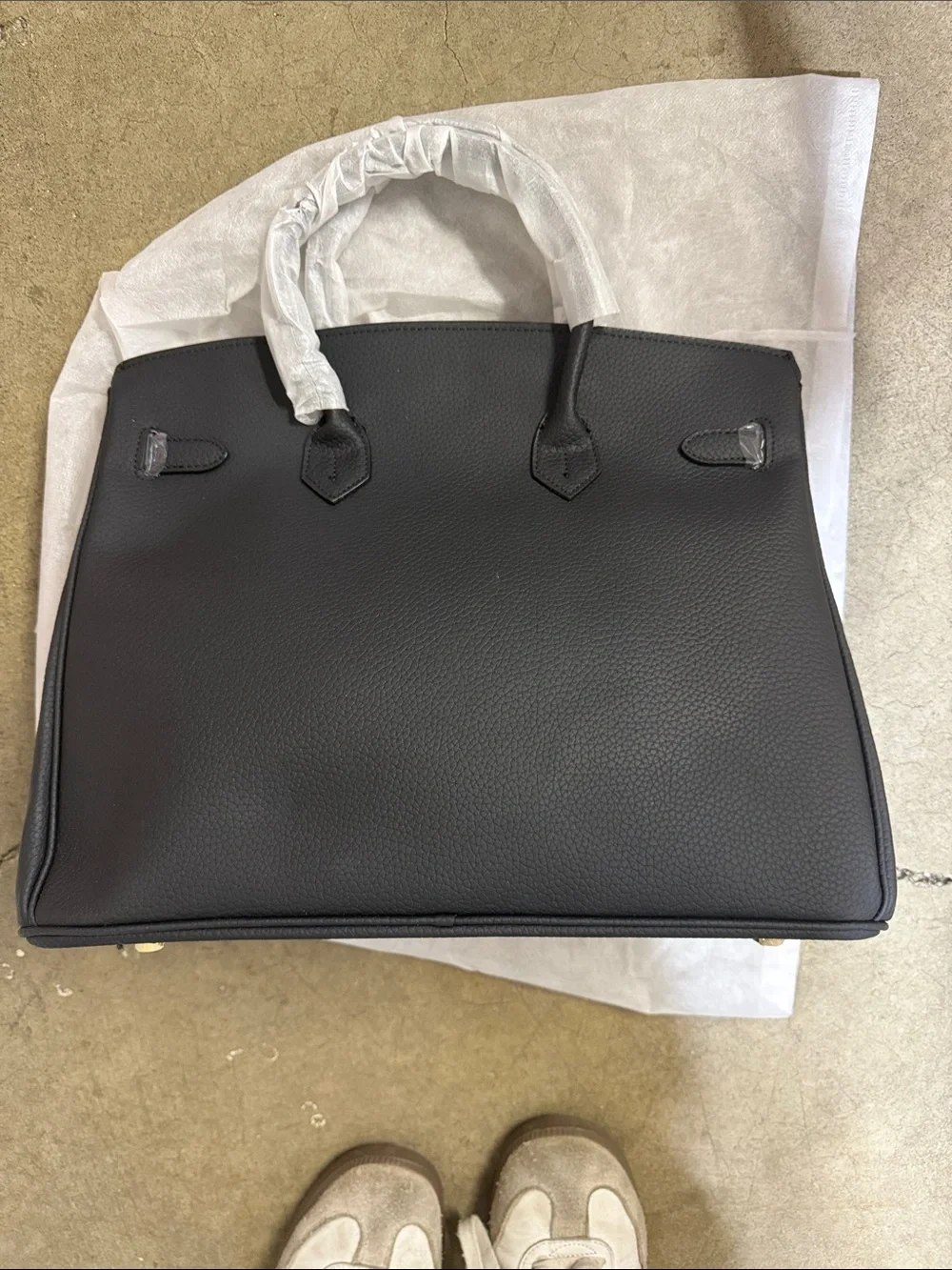 Black Leather Top-Handle Tote Bag with Gold Hardware